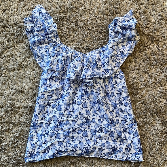 REBECCA TAYLOR Aimee Off Shoulder Blue & White Cotton Floral Top - Picture 7 of 13